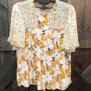 JODIFL Daydreamer Mixed Floral Top 2X Boho Chiffon Puff Sleeve Crochet‎ Romantic